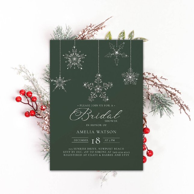 Invitación Ducha nupcial verde de invierno con copo de nieve  (rhinestones bridal shower invitation glitter snowflakes dark sage green modern festive classy bling )