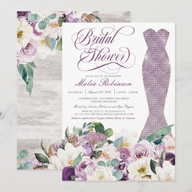 Invitación Ducha nupcial Vestido Glam Gown Lavanda Botánica (Anverso / Reverso)