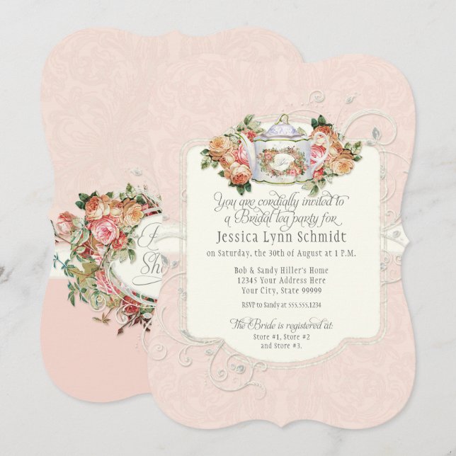 Invitación Ducha nupcial Vintage Elegante Rosa Floral (Anverso / Reverso)