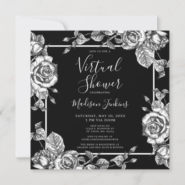 Invitación Ducha nupcial virtual elegante floral blanca negra (Anverso)