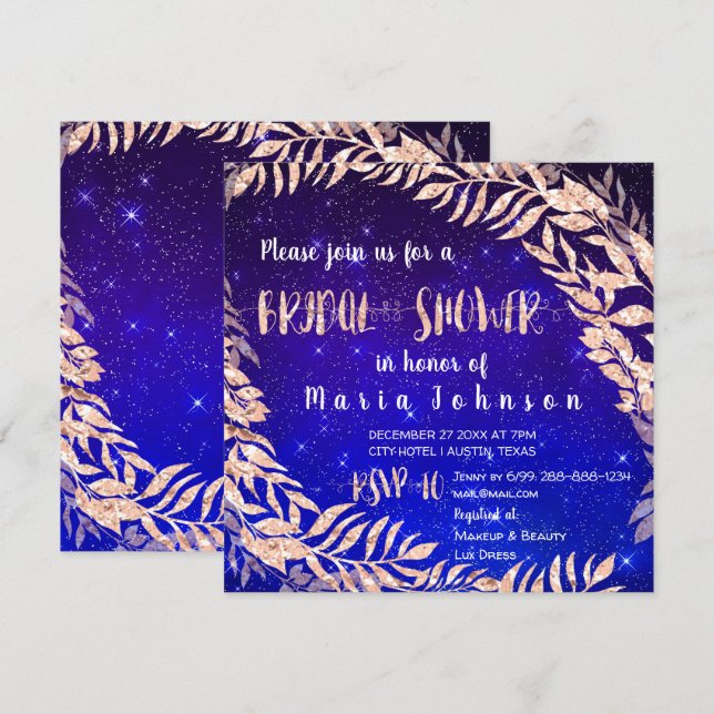 Invitación Ducha nupcial Wreath Rosa Gold Sky Stars Indigo (Anverso / Reverso)