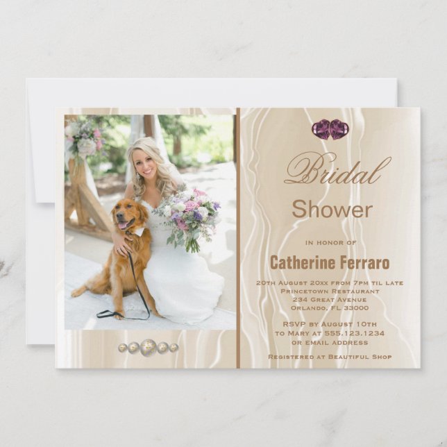 Invitación Ducha nupcial y seda crema, corazón y foto (Anverso)
