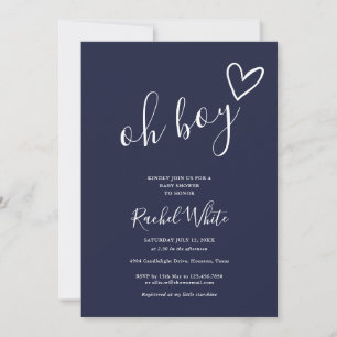 Invitación Ducha Oh Boy Corazón Azul Marino Minimalista