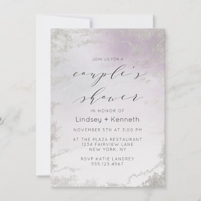 Invitación Ducha Ombre Light Purple Relieve metalizado platea (Anverso)