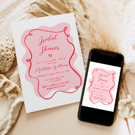 Invitación Ducha ondulada con marco rosa y rojo retro