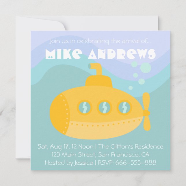 Invitación Ducha para bebé: adorable submarino amarillo bajo  (Anverso)