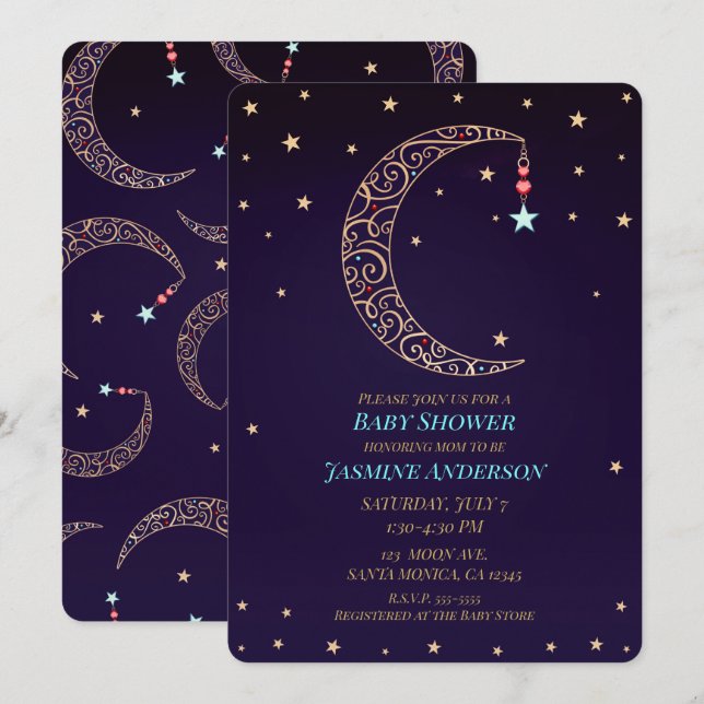 Invitación Ducha para bebé celeste Luna de filigrana de oro p (Anverso / Reverso)