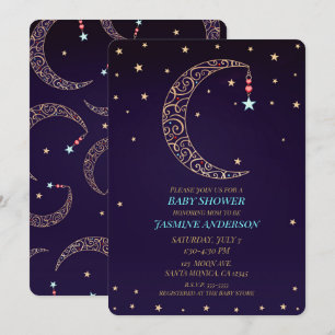 Invitación Ducha para bebé celeste Luna de filigrana de oro p