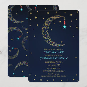 Invitación Ducha para bebé Celestial Luna Filigrana Oro Azul