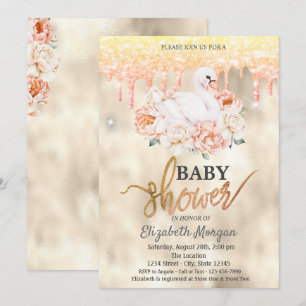 Invitación Ducha para bebé con cisne floral acuarela y gotas