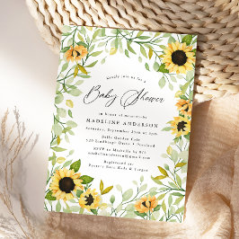 Invitación Ducha para bebé con girasoles en acuarela y follaj