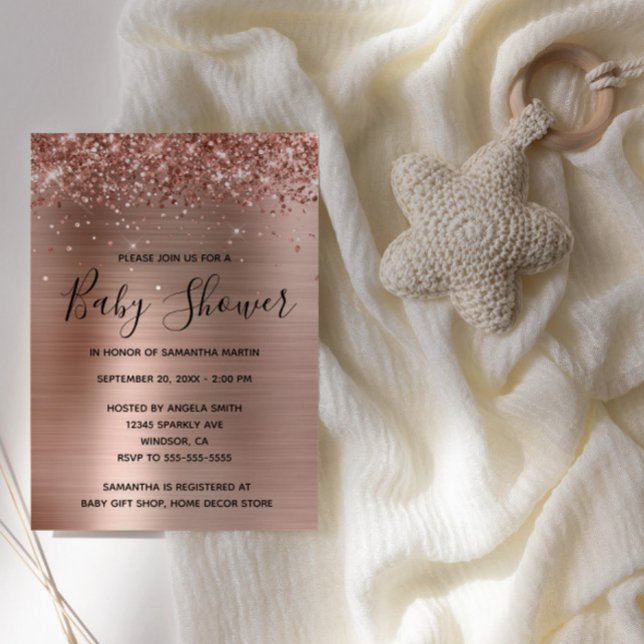 Invitación Ducha para Bebé con Hojalata Dorada Rosa Brillante (Rose Gold Glitter Glam Baby Shower Invite)