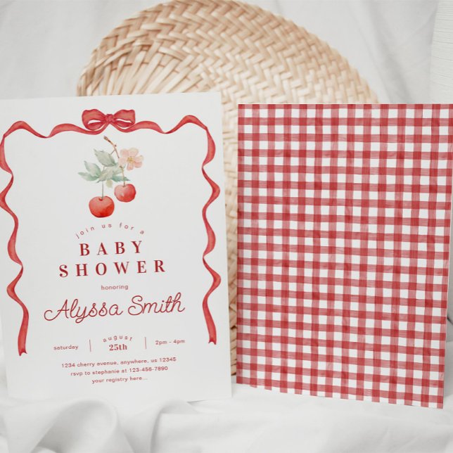 Invitación Ducha para bebé con marco de cereza y cinta roja (Subido por el creador)