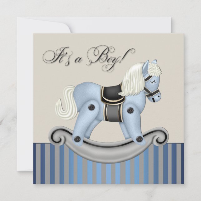 Invitación Ducha para bebé de caballo mecedor negro y azul (Anverso)