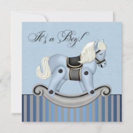 Invitación Ducha para bebé de caballo mecedor negro y azul