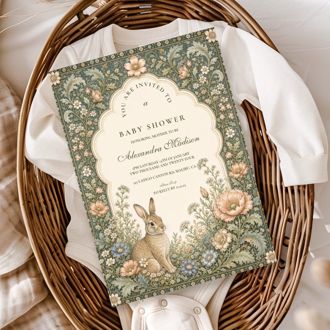 Invitación Ducha para bebé de conejo botánico celestial vinta (Subido por el creador)