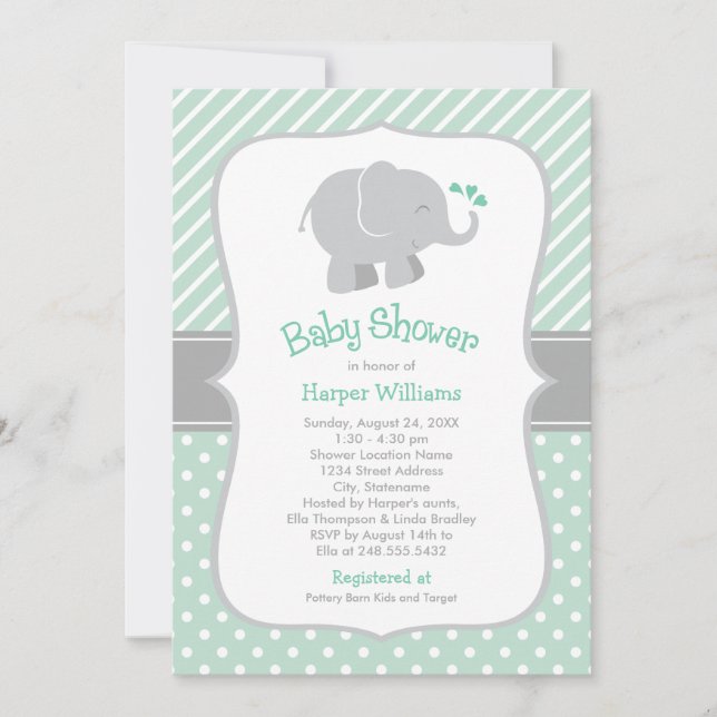 Invitación Ducha para bebé de elefante gris de la moderna men (Anverso)