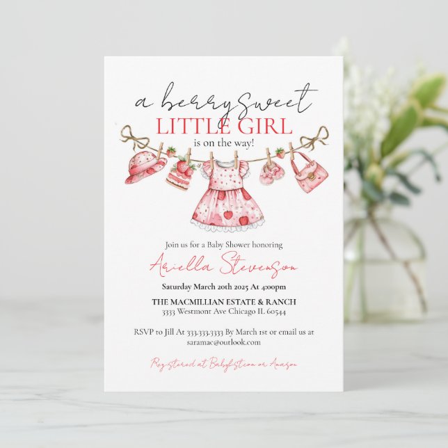 Invitación Ducha para bebe de fresa, ducha para bebé dulce de (Anverso de pie)