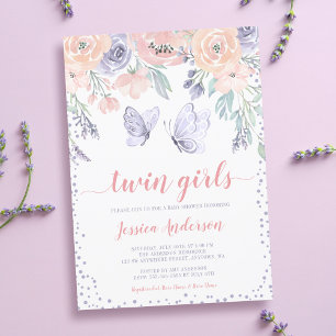 Invitación Ducha para bebé de gemelas con mariposa floral ros