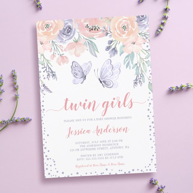 Invitación Ducha para bebé de gemelas con mariposa floral ros (Subido por el creador)