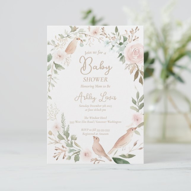 Invitación Ducha para bebé de pájaros bebé con hojas florales (Anverso de pie)