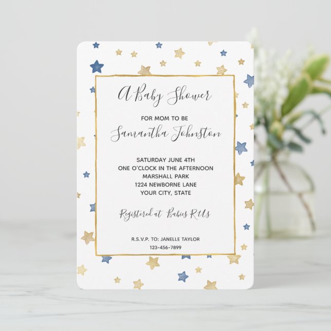 Invitación Ducha para Bebé Estrellas Amarillas Azules Doradas (Anverso de pie)