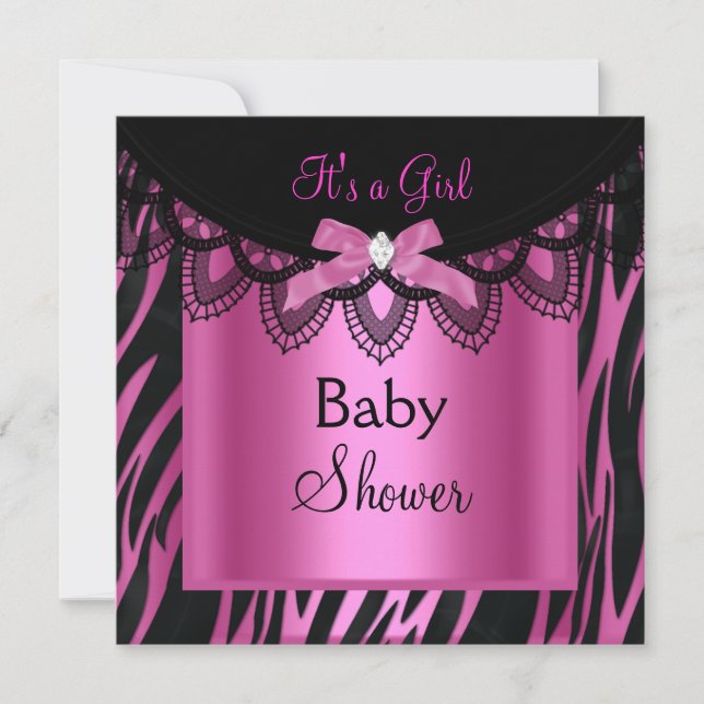 Invitación Ducha para Bebé Niña Cebra Rosa Caliente Negro (Anverso)