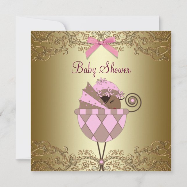 Invitación Ducha para Bebé Niña de Encaje Dorado Rosa (Anverso)