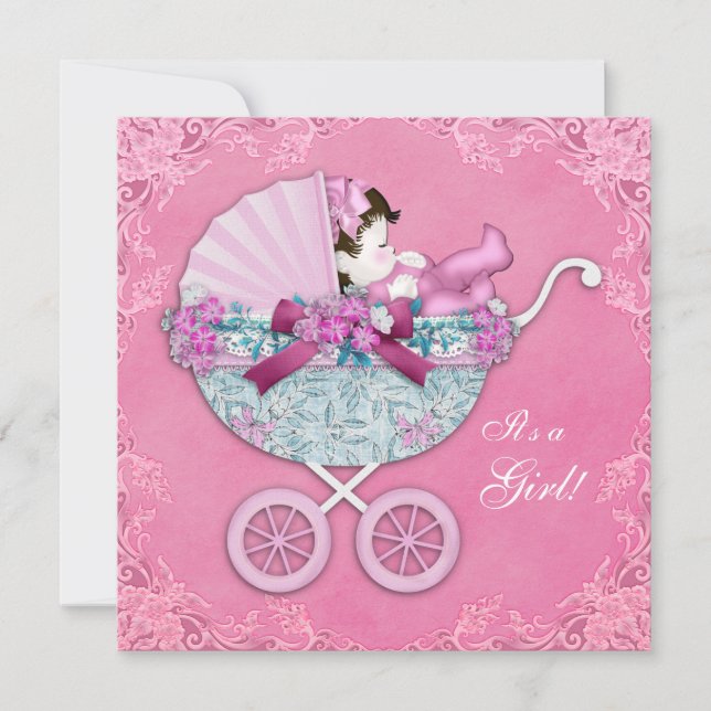 Invitación Ducha para Bebé Niña en Carruaje Rosa (Anverso)