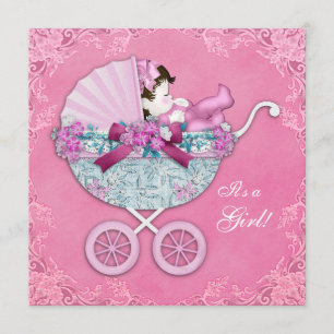 Invitación Ducha para Bebé Niña en Carruaje Rosa