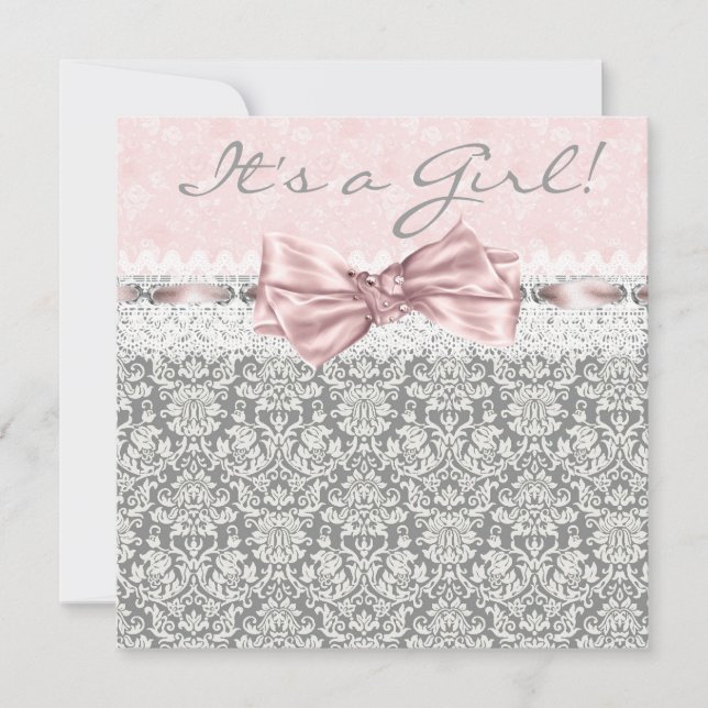 Invitación Ducha para Bebé Niña Gris Rosa Damask (Anverso)
