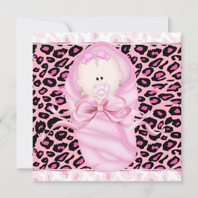 Invitación Ducha para Bebé Niña Leopardo Rosa Negro (Anverso)