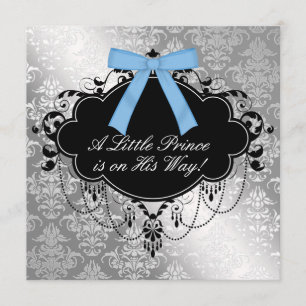 Invitación Ducha para bebé niño Azul Plateado Negro Príncipe