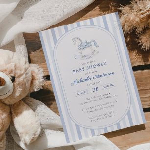 Invitación Ducha para bebé Niño Caballo de Balanza Toile Azul