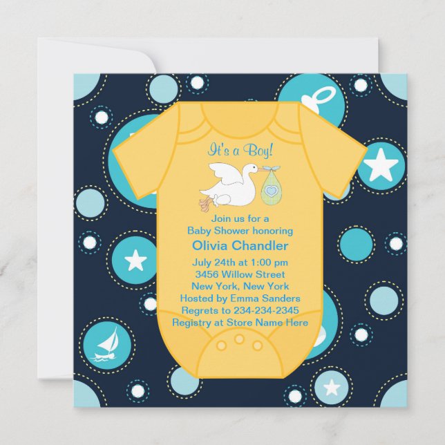 Invitación Ducha para bebé niño de cigüeña azul amarilla (Anverso)