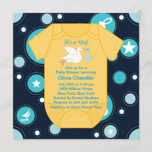 Invitación Ducha para bebé niño de cigüeña azul amarilla