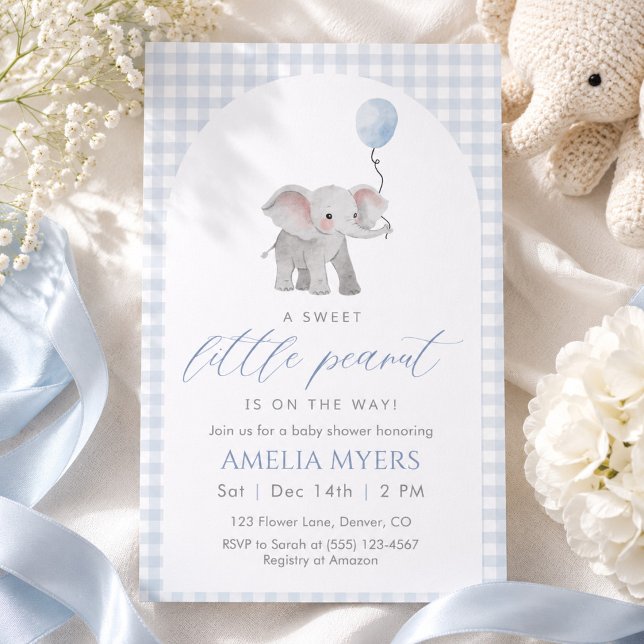 Invitación Ducha para bebé niño elefante gingham azul (Subido por el creador)