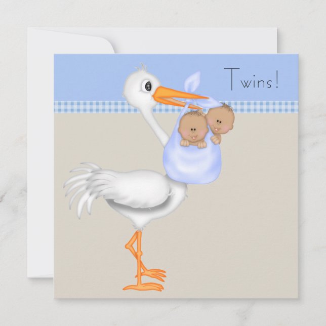 Invitación Ducha para bebé niño gemelo Stork de cuadros azule (Anverso)