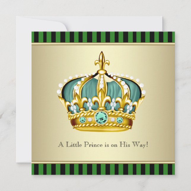 Invitación Ducha para bebé niño príncipe corona verde negro (Anverso)