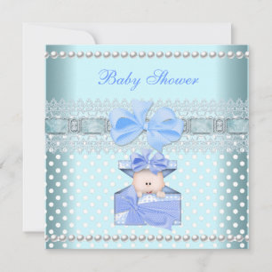 Invitación Ducha para Bebe Niño Regalo Azul Bebé Encaje Perla