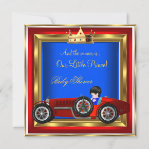Invitación Ducha para bebé príncipe azul oro niño rojo coche