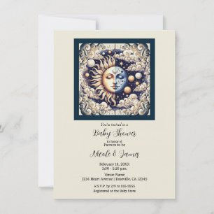 Invitación Ducha para bebé Vintage Celestial Medio Sol y Luna