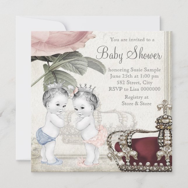 Invitación Ducha para Bebés Gemelos Príncipe y Princesa (Anverso)