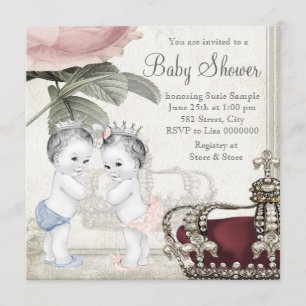 Invitación Ducha para Bebés Gemelos Príncipe y Princesa