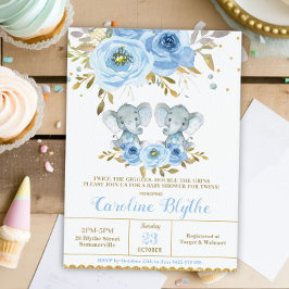 Invitación Ducha para Bebés Niños Gemelos Elefante Floral Azu