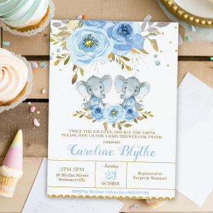 Invitación Ducha para Bebés Niños Gemelos Elefante Floral Azu