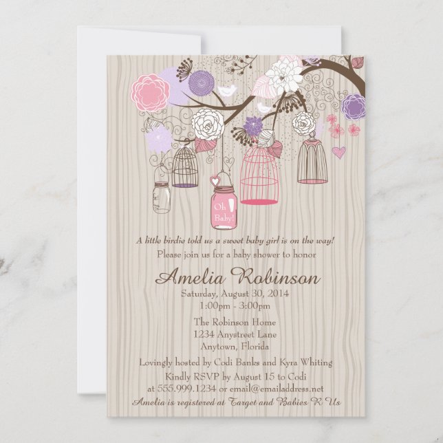 Invitación Ducha para bebés o novias - jaulas y jarras colgan (Anverso)
