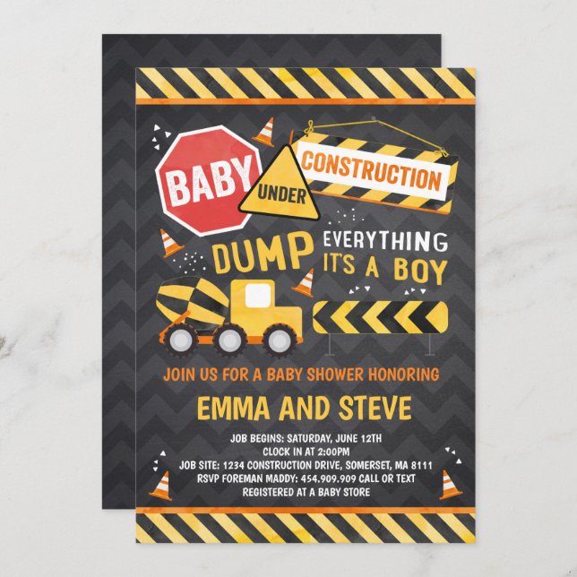 Invitación Ducha para camiones de construcción Baby Shower In (Anverso / Reverso)