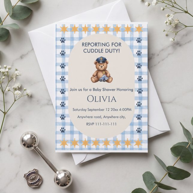 Invitación Ducha para el bebé de la policía de Cuddly Duty (Reporting for Cuddle Duty Police Baby Shower Invitation)