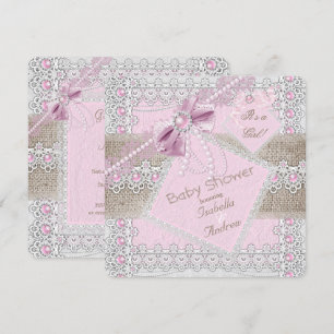Invitación Ducha para niña bebé rosa perla lazo encaje arpill
